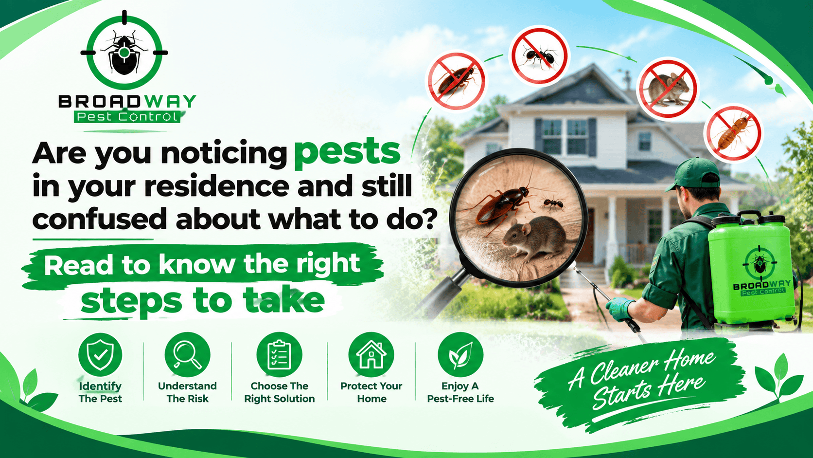 Pest control technician treating pests around a house with spray equipment.