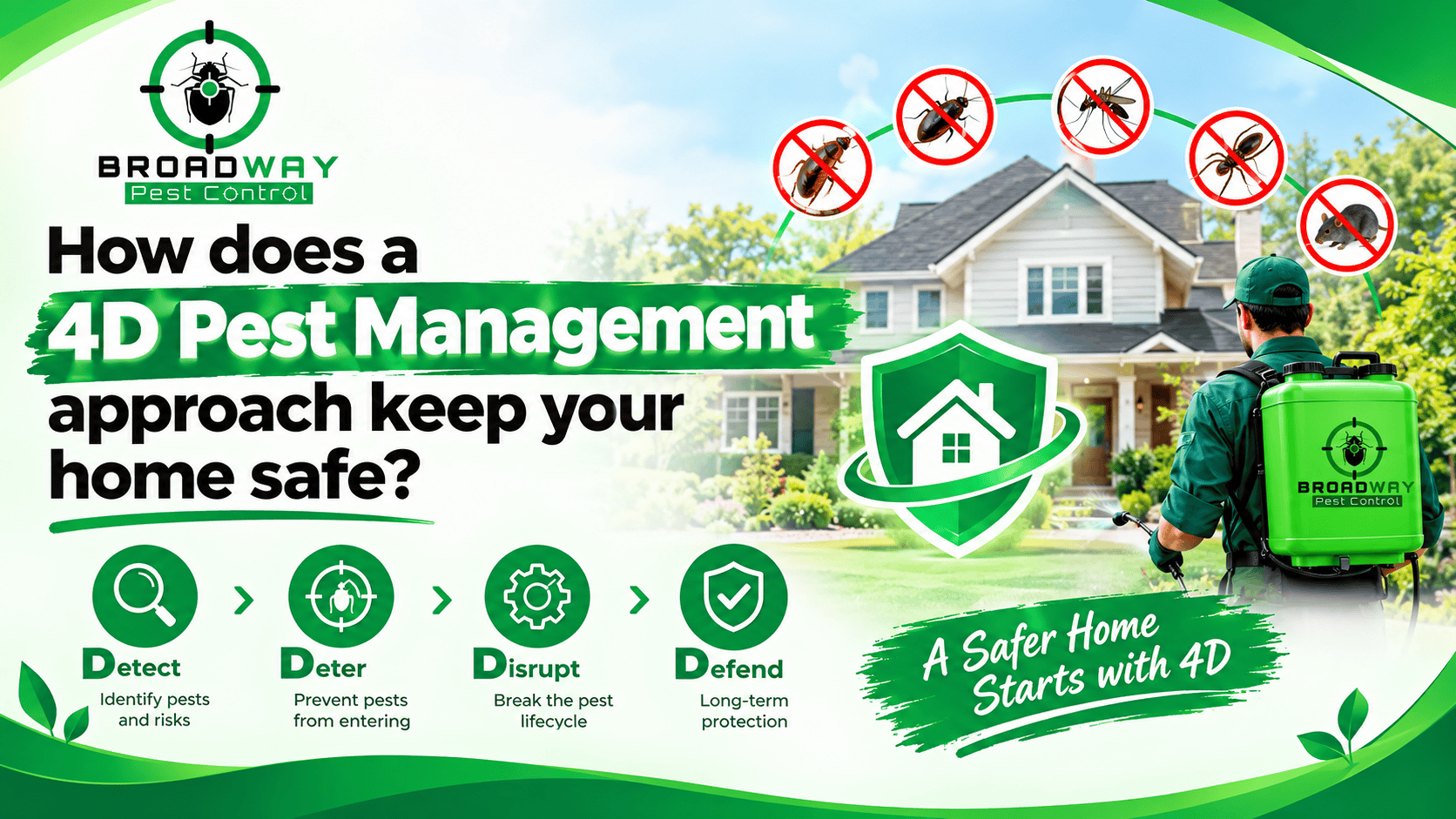 Pest control technician spraying pesticides around a house with 4D approach.